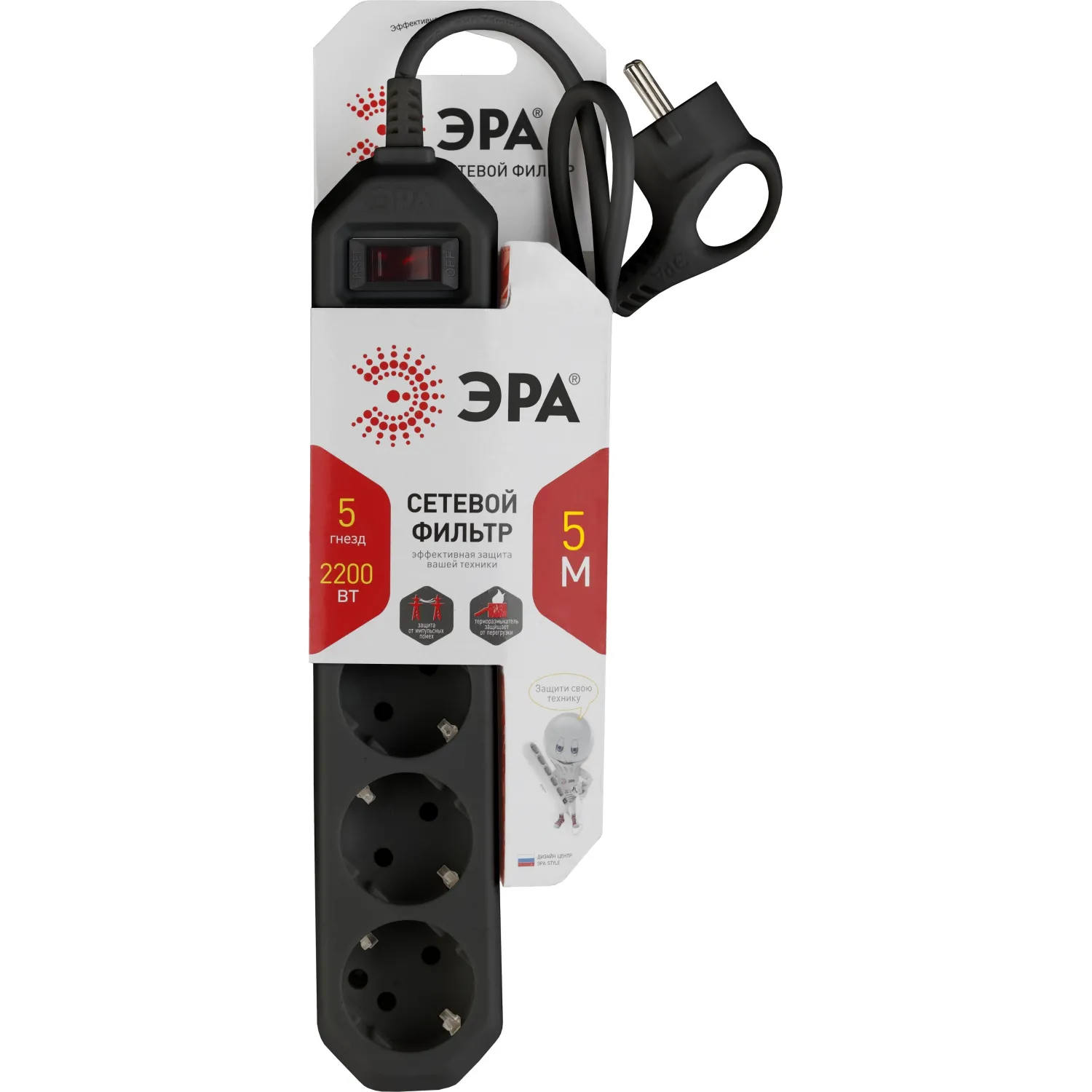 Сетевой фильтр ЭРА, 5 роз/5м/10А/2200Вт, с заземл, черный, USF-5es-5m-B - фото 2