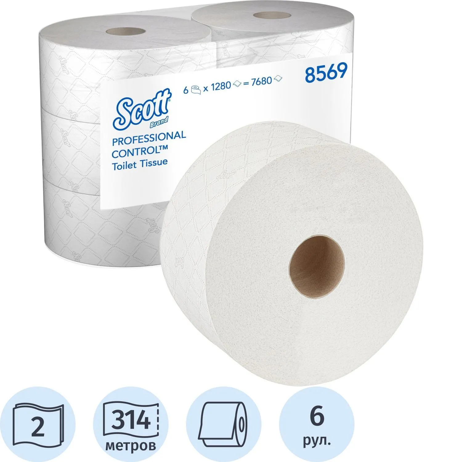 Бумага туалетная д/дисп KK Scott Controll с ЦВ 2сл белая 314м 6 рул/уп_8569 - фото 1