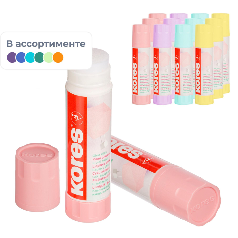 Клей-карандаш 20г Kores Pastel ассорти:розовый, желтый, фиолетовый ,мятный - фото 2