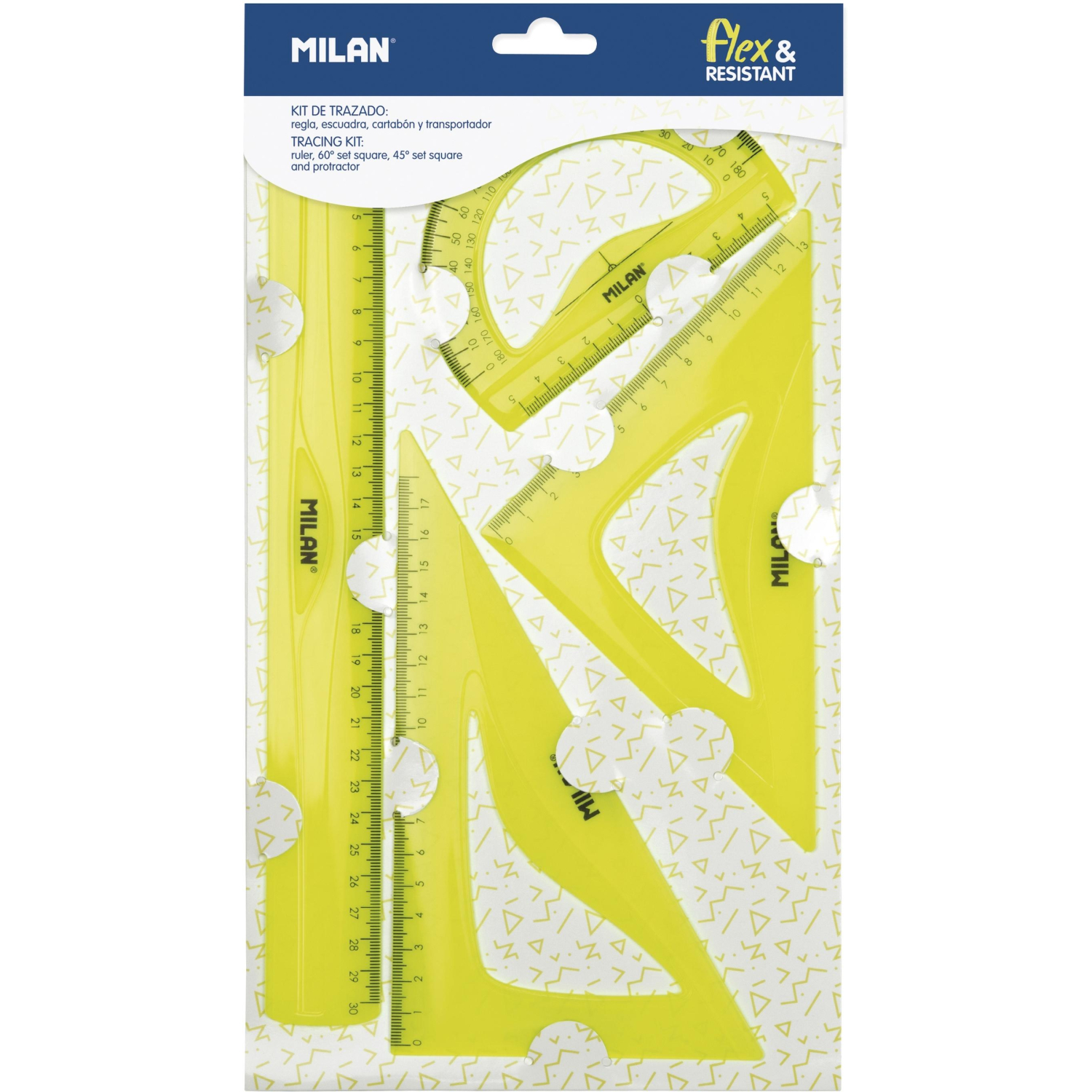 Набор Milan для черчения:линейка 30см, 2треуг(45град,30град),транспорт, жел - фото 7