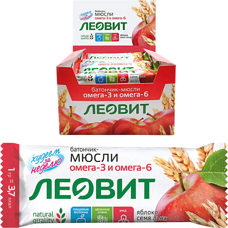 Батончик мюсли Леовит с яблоком и семенем льна, 26штx30г - фото 1