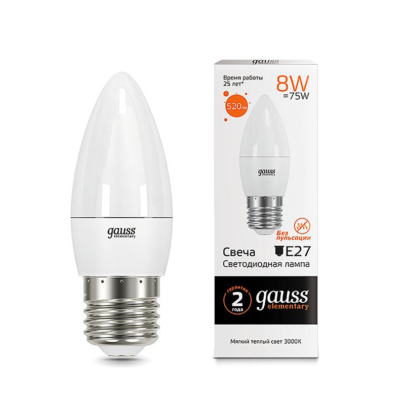 Лампа светодиодная Gauss LED Elementary Свеча 8Вт E27 520Лм 3000K (33218) - фото 3