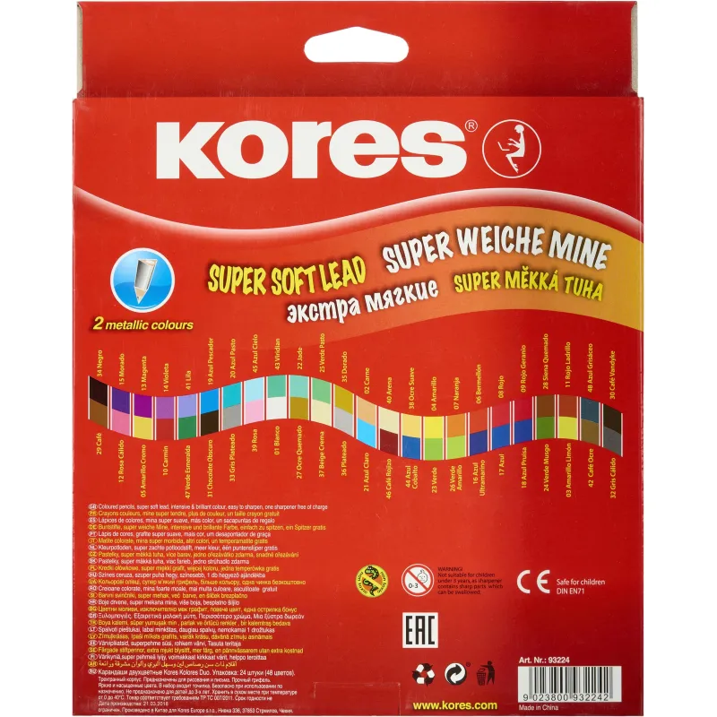 Карандаши цветные 48цв 24шт 3-гран,двустор с точилкой Kores 93224. - фото 5