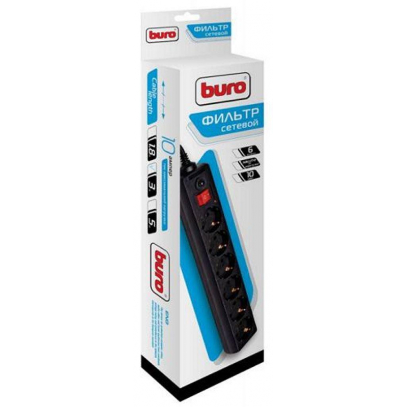 Сетевой фильтр Buro 600SH-3-B 3м (6 розеток) черный - фото 2