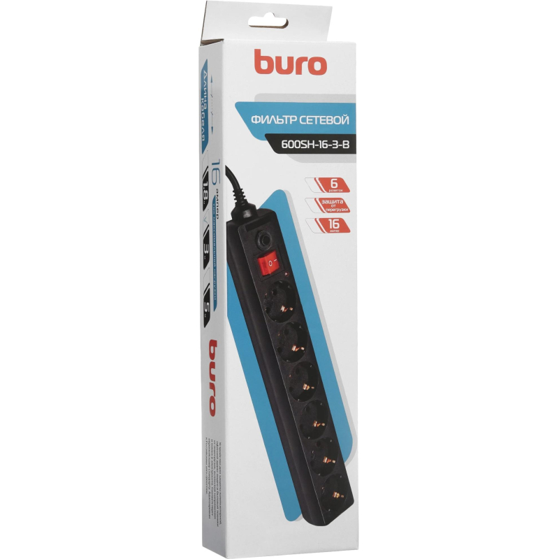 Сетевой фильтр Buro 600SH-3-B 3м (6 розеток) черный - фото 3