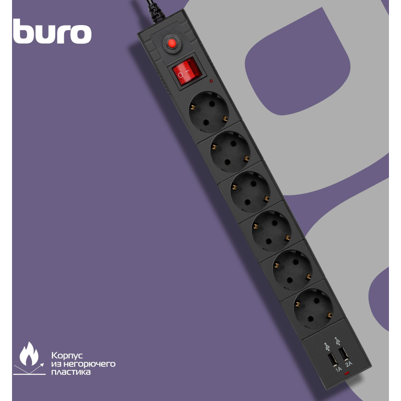 Сетевой фильтр Buro BU-SP1.8_USB_2A-B 1.8м (6 розеток) черный - фото 10