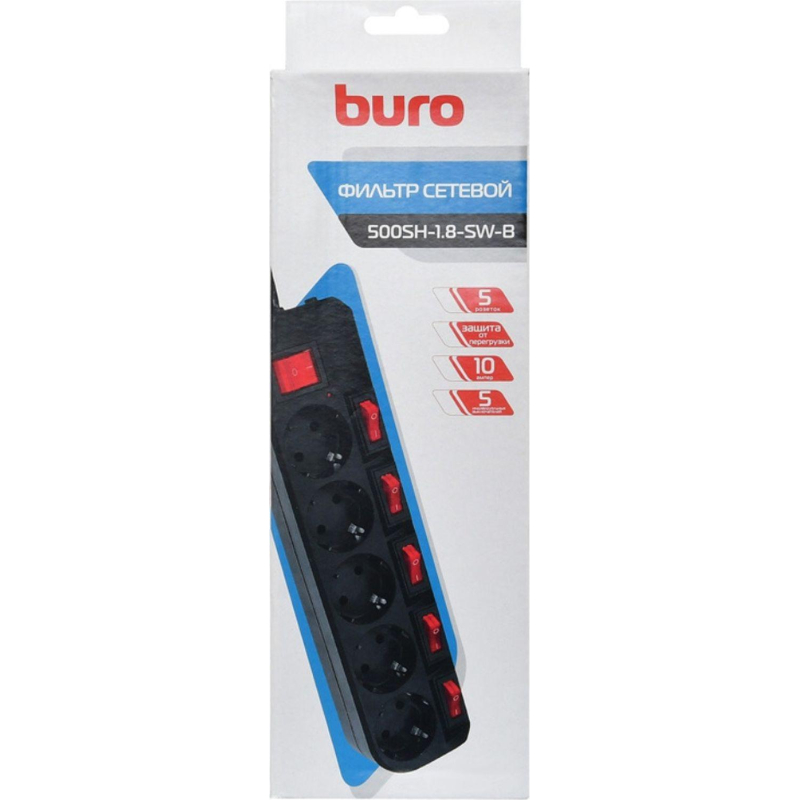 Сетевой фильтр Buro 500SH-1.8-SW-B 1.8м (5 розеток) черный - фото 4