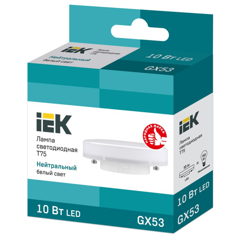 Лампа светодиодная IEK ECO T75 LLE-T80-10-230-40-GX53 10Вт 230В 4000К GX53 - фото 1