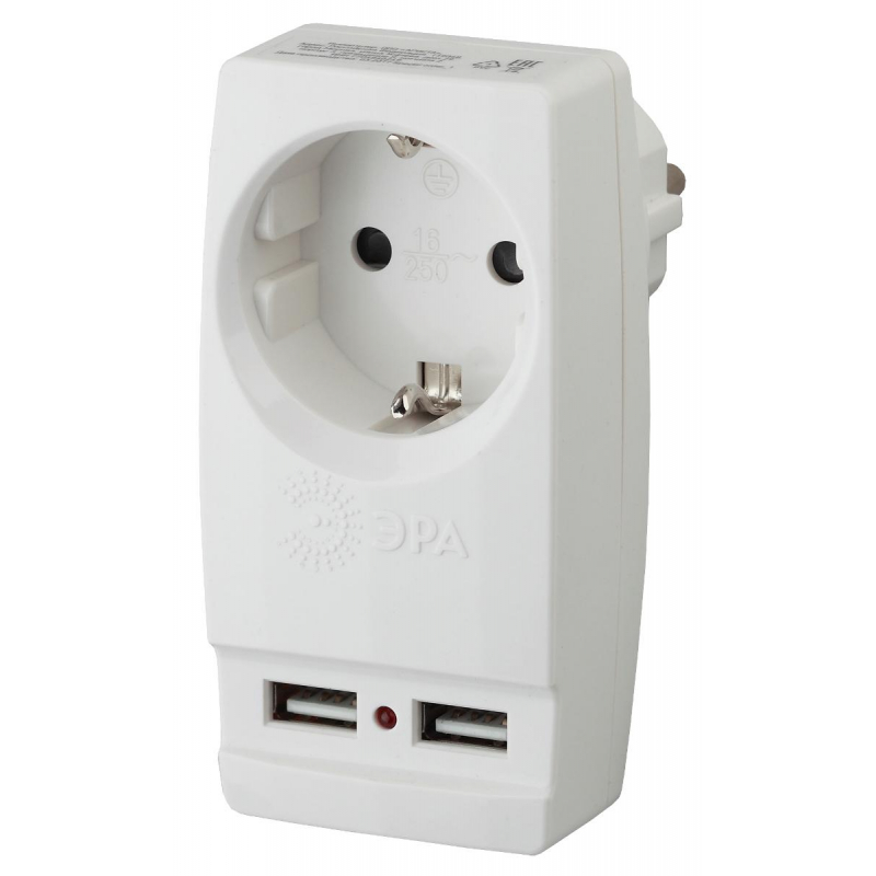Тройник ЭРА 1 розетка, 2 USB, белый (SP-1e-USB-W) - фото 1