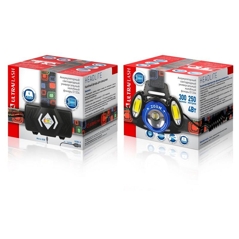 Фонарь налобный Ultraflash E1334 (акк.3,7В,3LED,4В - фото 2