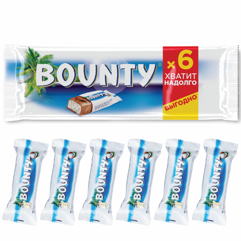 Шоколадный батончик Bounty с мякотью кокоса, 27,5гx6шт/уп - фото 1