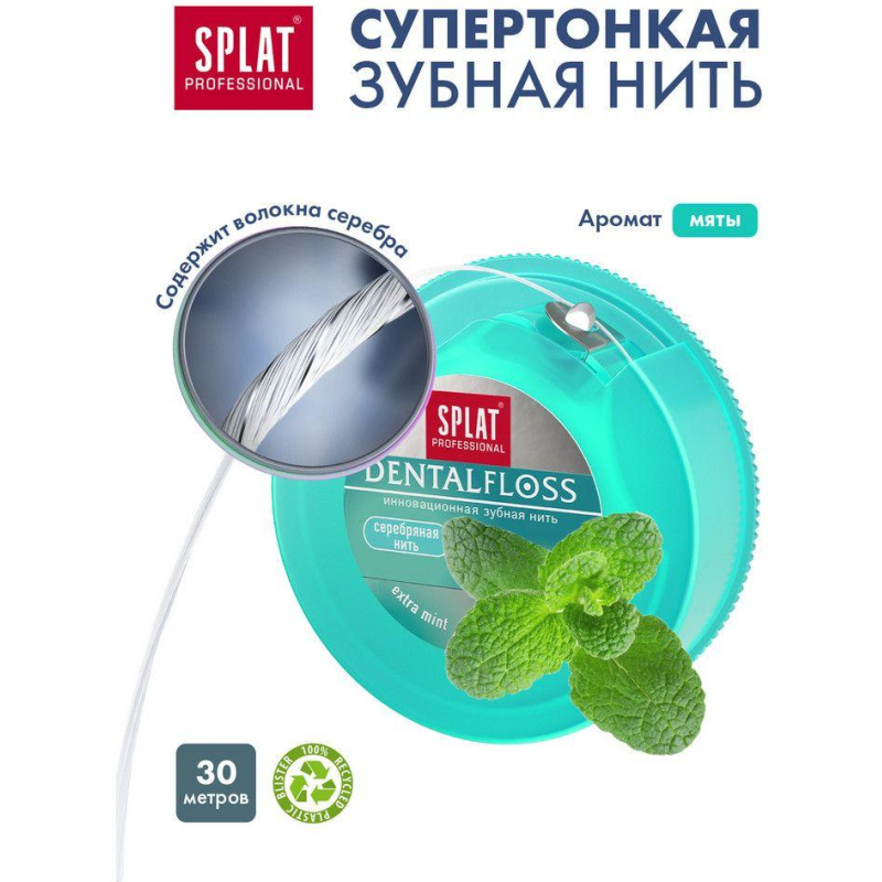 Зубная нить SPLAT DentalFloss мятная тонкая с волокнами серебра - фото 3