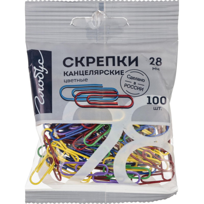 Скрепки Глобус С28-100ППл c полимерн.покрыт,28мм,разноцв,европодв,100 шт/уп - фото 1
