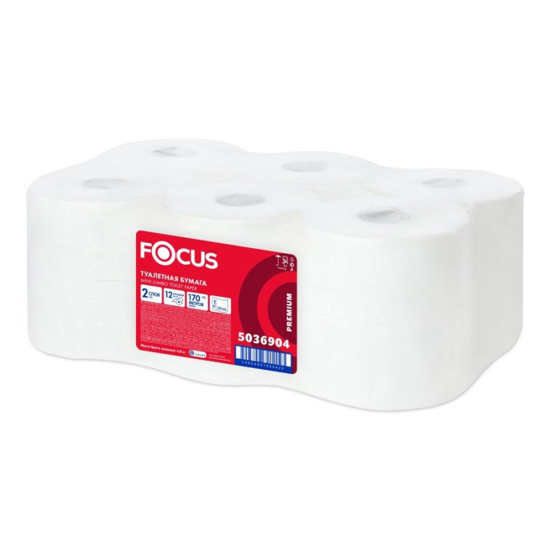 Бумага туалетная д/дисп Focus Mini Jumbo 2сл бел цел 170м 12рул/уп 5036904 - фото 1