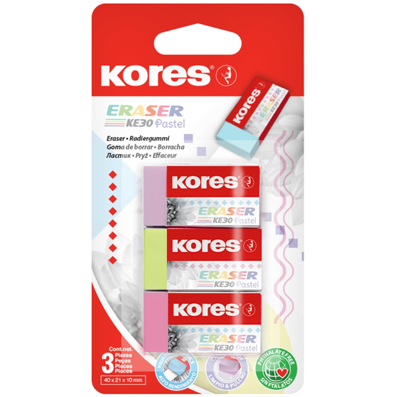 Ластик Kores 40x21x10мм 3 шт/уп, пастельный KE-30, блистер 40315 - фото 2