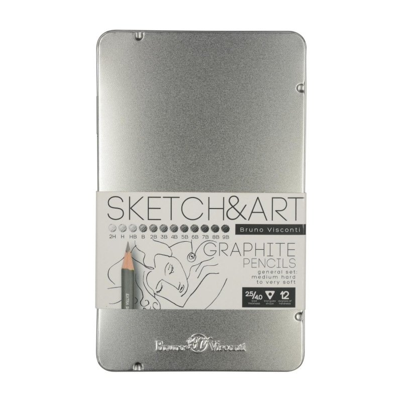 Набор карандашей чернографитных SKETCH&ART 2H-9B 12шт в мет.кор.21-0009 - фото 1