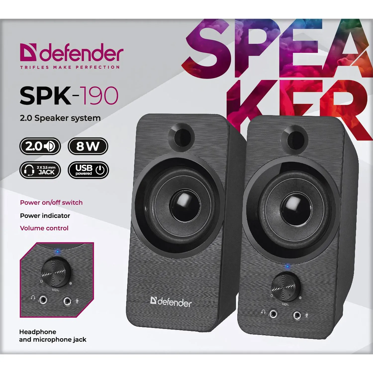 Акустическая система 2.0 Defender SPK-190 черный, 8 Вт, питание от USB - фото 3
