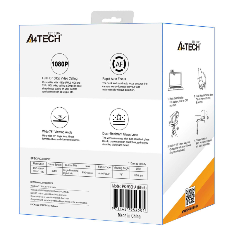 Веб-камера A4Tech PK-930HA черный 2Mpix (1920x1080) USB2.0 с микрофоном - фото 7