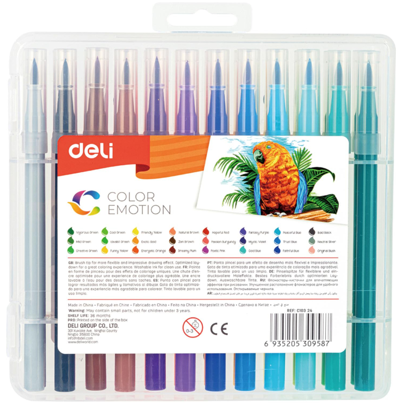 Фломастеры набор Deli Color Emotion кисть смываемые 24цв. пластик. Пенал - фото 4