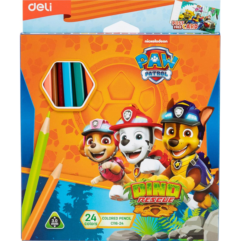 Карандаши цветные Deli Paw Patrol трехгран,заточен,24цв/наб,картон EC116-24 - фото 1