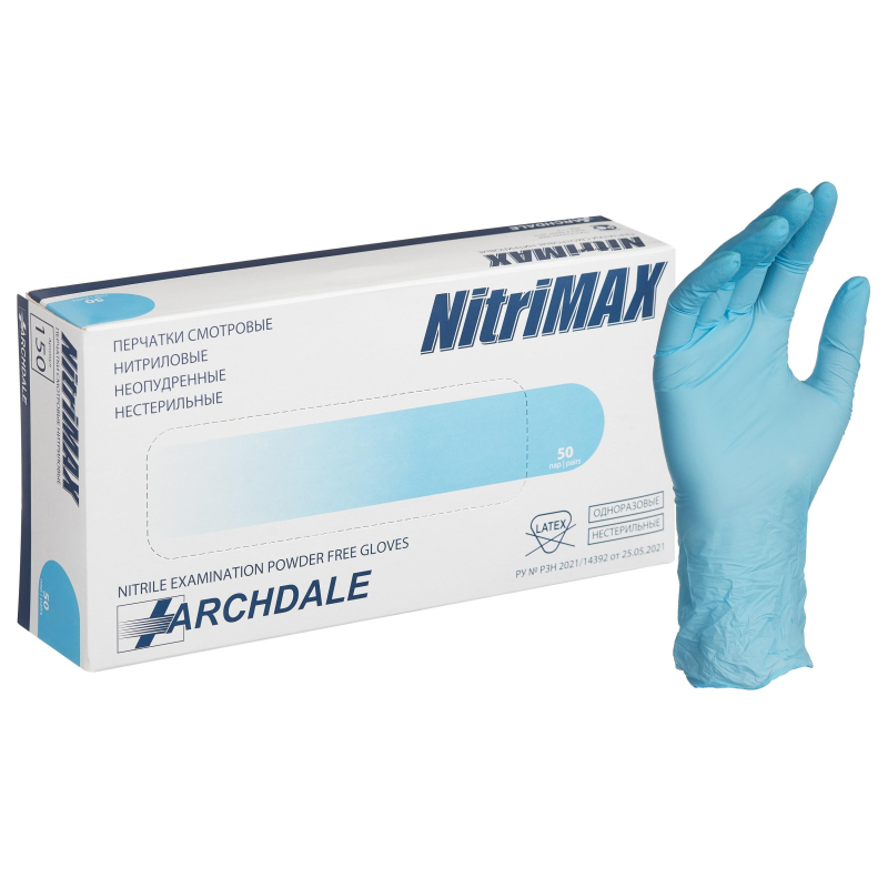 Перчатки нитрил. н/с. н/о ,голубые 150 NitriMax (L) 50п/уп, 3гр - фото 1
