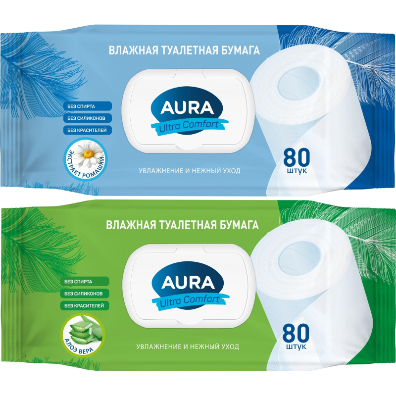 Бумага туалетная влажная AURA ULTRA COMFORT с крышкой 80шт/уп - фото 1