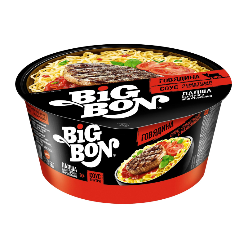 Лапша BigBon говядина + соус томатный с базиликом, 85гх24шт/уп - фото 1