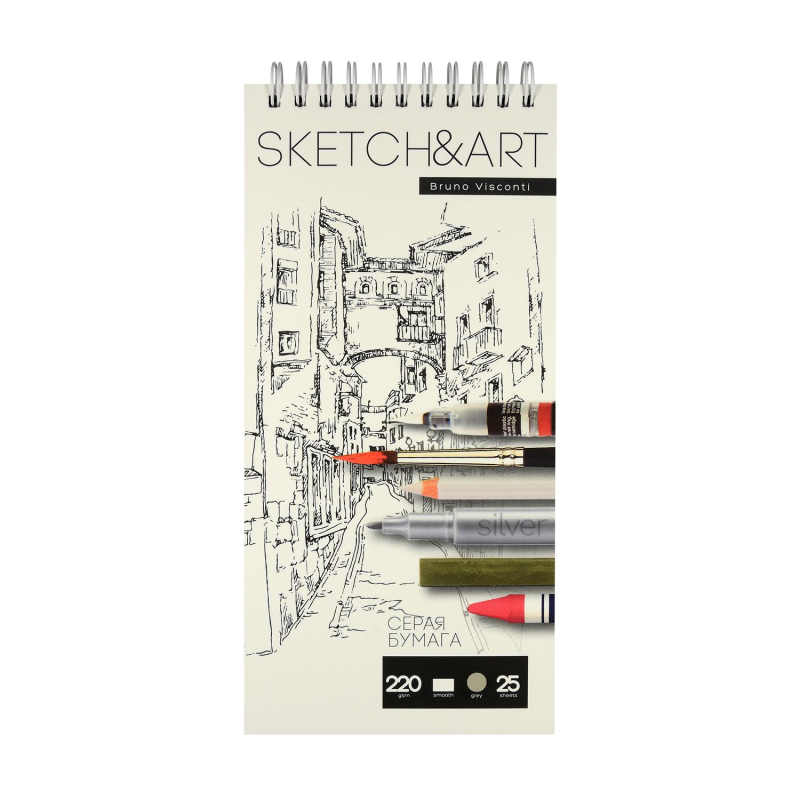 Скетчбук SKETCH&ART 105х220 25л СЕРЫЙ 220г на гребне д/скетч 1-25-563/03 - фото 1