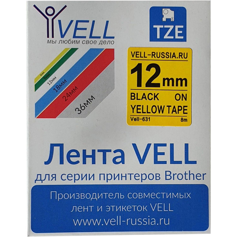 Картридж Vell VL-631 (Brother TZE-631, 12 мм, чер на желтом) для PT Vell631 - фото 3