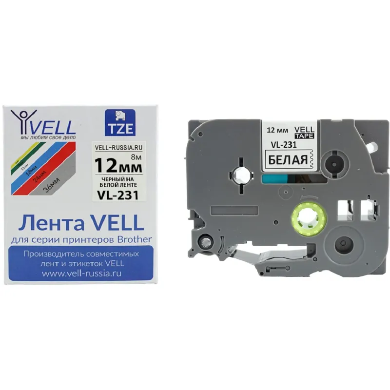 Картридж Vell VL-231 (TZe-231 Brother, 12 мм, чер на белом) для PT {Vell231 - фото 1