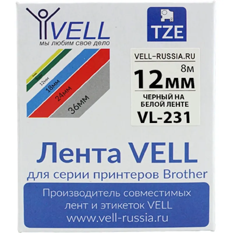 Картридж Vell VL-231 (TZe-231 Brother, 12 мм, чер на белом) для PT {Vell231 - фото 3