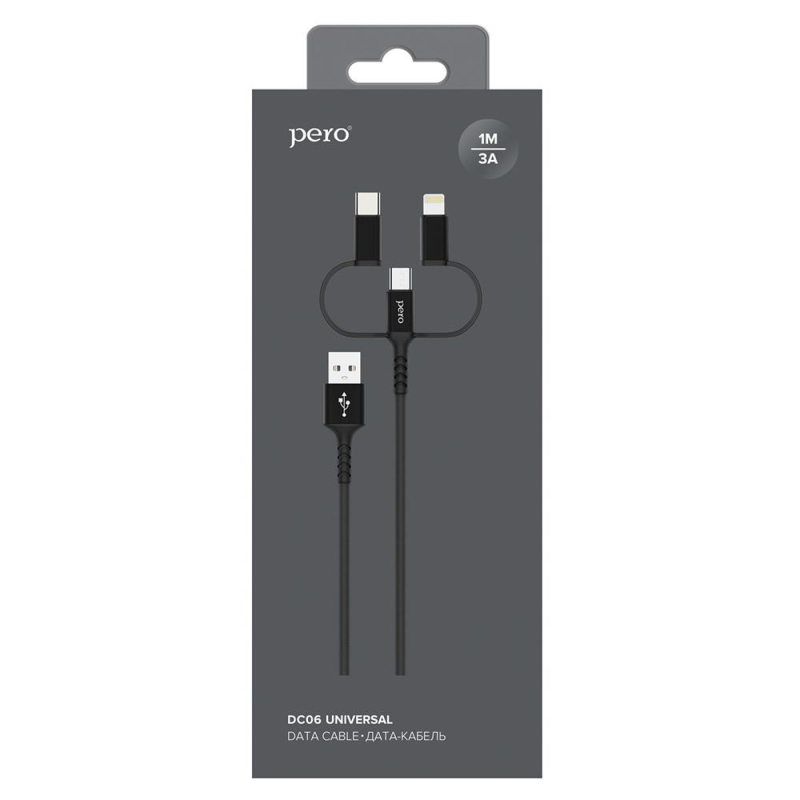 Кабель USB PERO DC-06 3 in 1 (Lightning/micro USB/Type-C), 3А, 1м, черный - фото 4