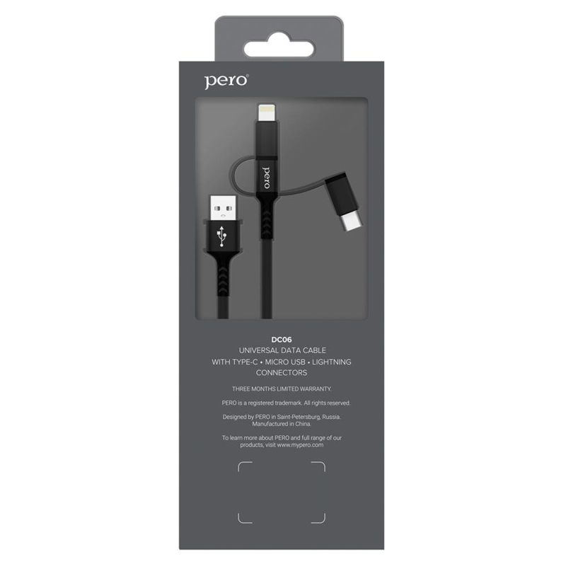 Кабель USB PERO DC-06 3 in 1 (Lightning/micro USB/Type-C), 3А, 1м, черный - фото 6