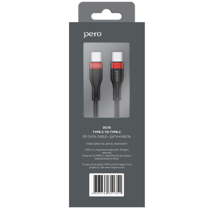Кабель USB PERO DC-10 PD Type-C to Type-C, 5A, 100W, 1.5m, Black - фото 3