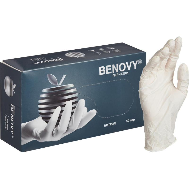 Перчатки нитрил, н/c, н/о, текстур, Benovy (L) 50п/уп, белый - фото 1