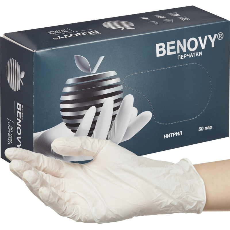 Перчатки нитрил, н/c, н/о, текстур, Benovy (L) 50п/уп, белый - фото 3
