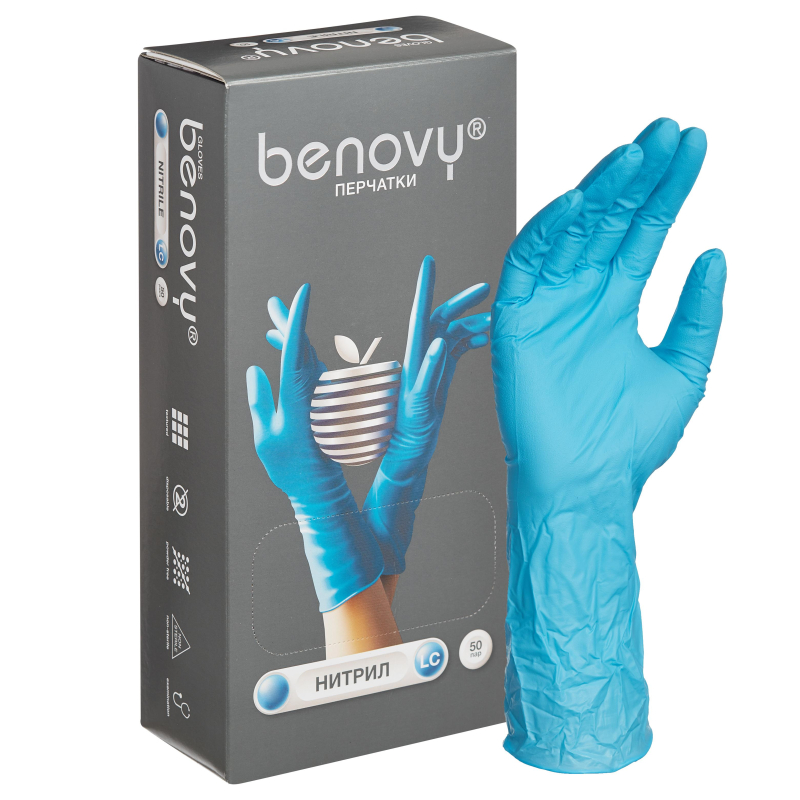 Перчатки нитрил, н/c, н/о, удлиненные, Benovy (L) 50п/уп, гол - фото 1