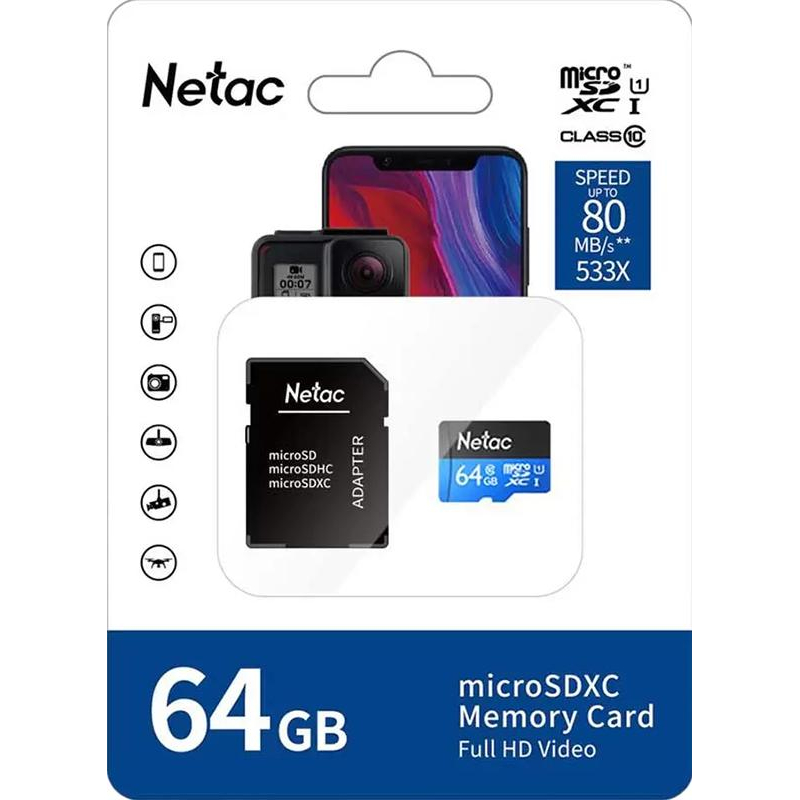 Карта памяти Netac MicroSD card P500 Standard 64GB, retail version w/SD - фото 2