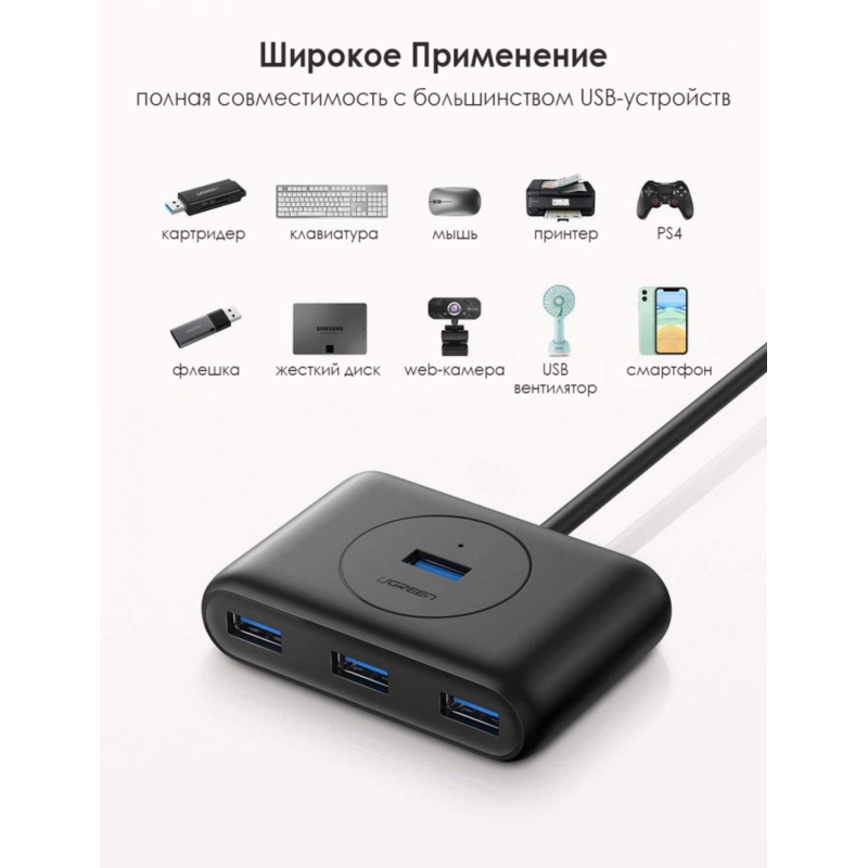 Разветвитель USB UGREEN  4 х USB 3.0, 1 м, цвет черный (20291) - фото 2