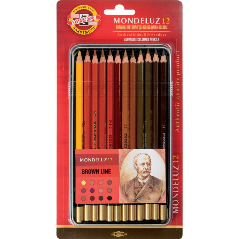 Карандаши акварельные MONDELUZ коричневые 12цв/наб мет.короб 3722012011BL - фото 1