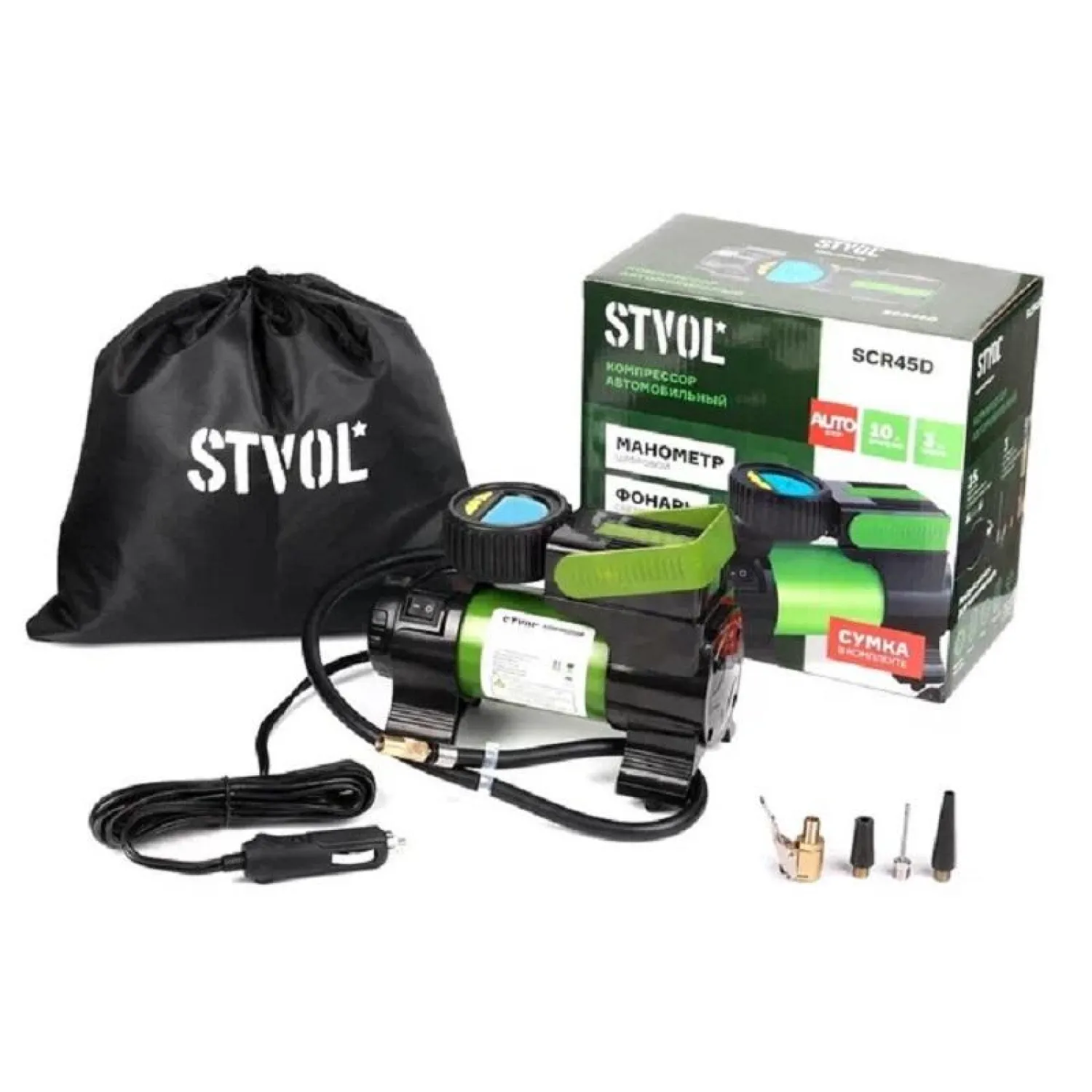 Компрессор автомобильный STVOL SCR45D, манометр, фонарь 45 л/мин, 14А - фото 5