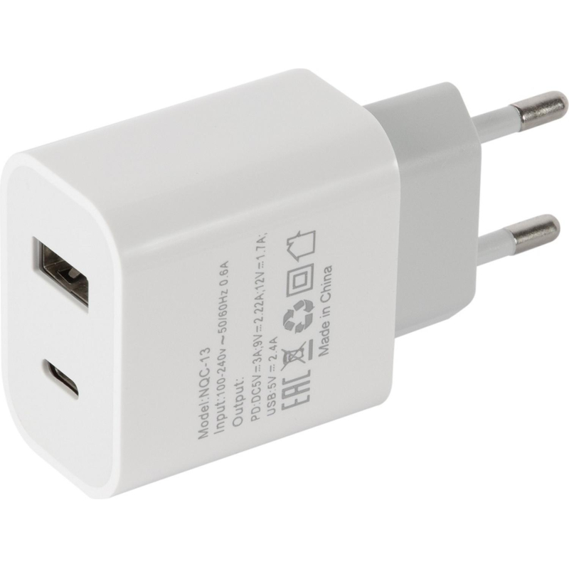 Зарядное устройство сетевое Red Line, USB+Type-C,3A,PD 20W,бел, УТ000024925 - фото 1