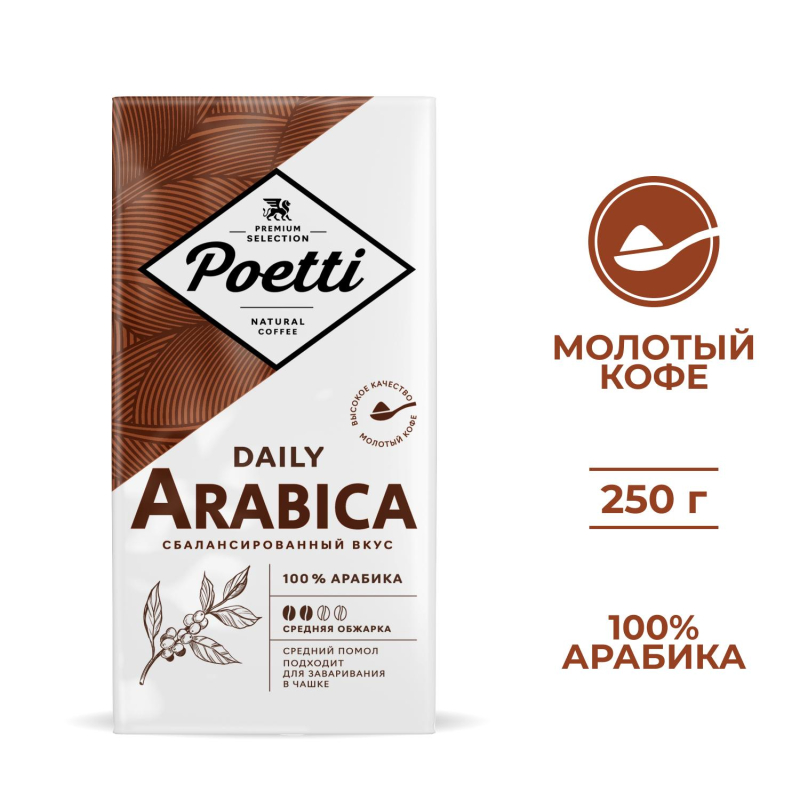 Кофе Poetti Daily Arabica молотый, для чашки, 250г - фото 4