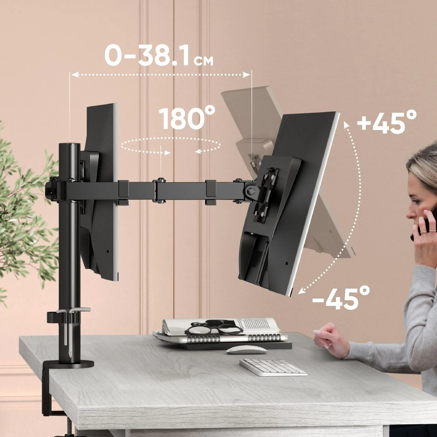 Кронштейн настольный для 2х мониторов ONKRON D221E, 13-32, черный - фото 8