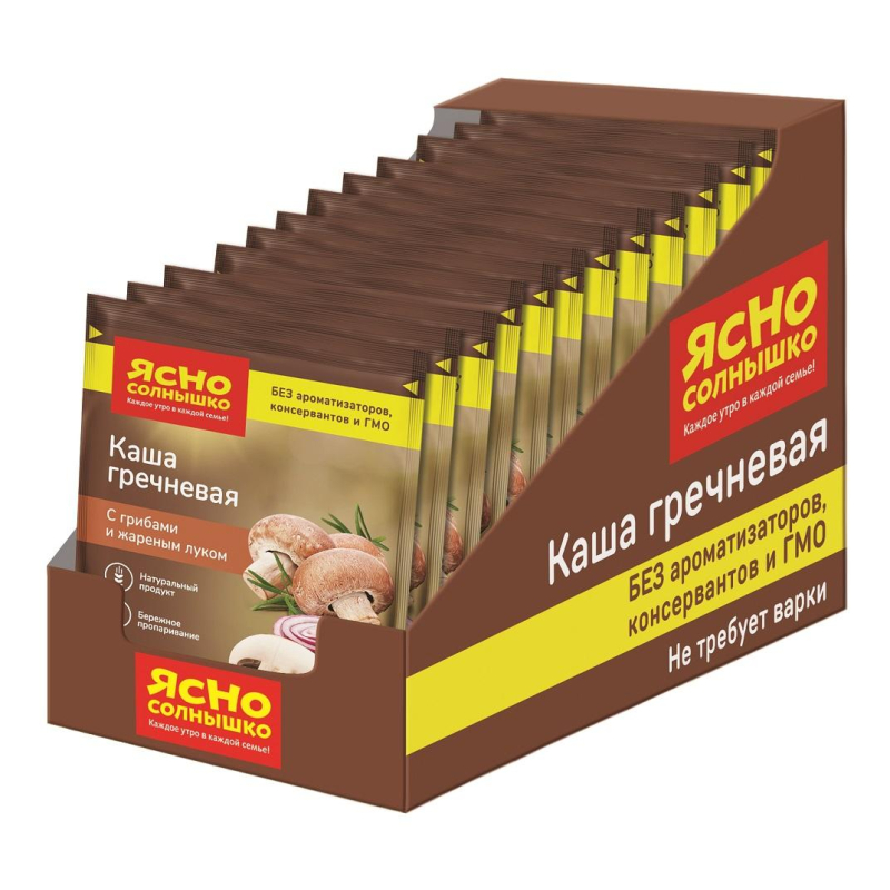 Каша Ясно Солнышко гречневая с грибами и жареным луком,шоу-бокс,45гх15шт/уп - фото 1