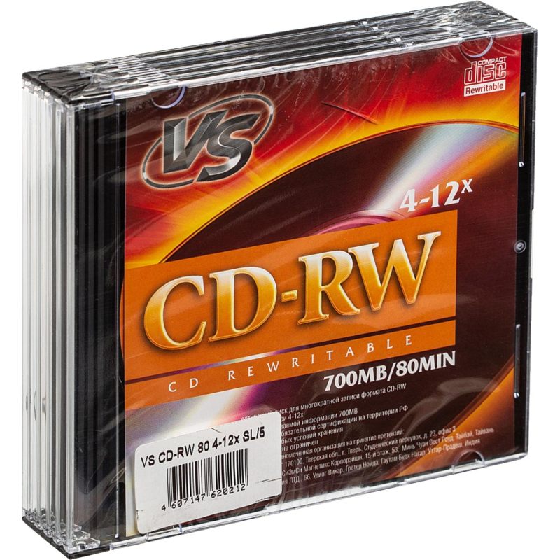 Носители информации CD-RW, 4x-12x, VS, Slim/5, VSCDRWSL501 - фото 1