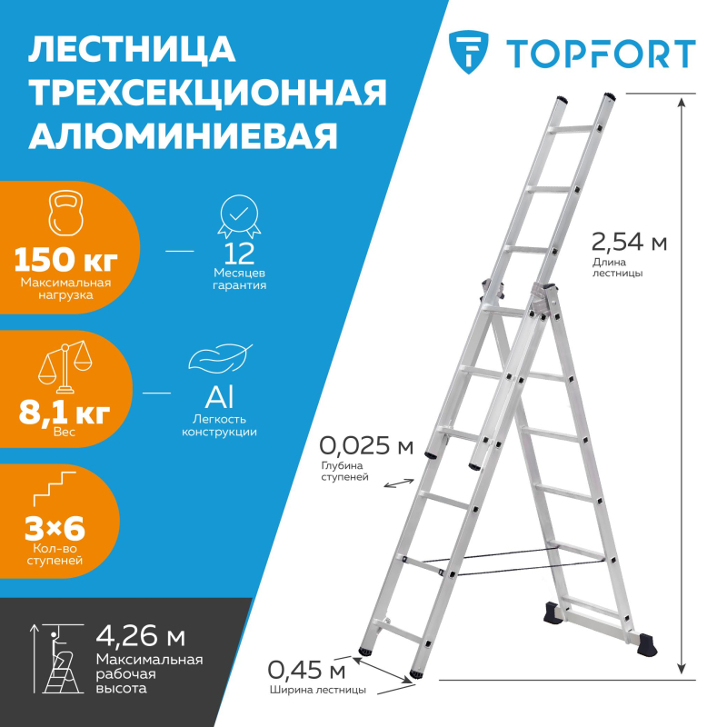 Лестница трехсекционная алюминиевая 3х6 ступеней TOPFORT - фото 2