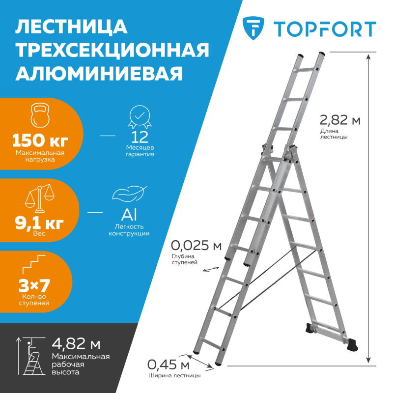 Лестница трехсекционная алюминиевая 3х7 ступеней TOPFORT - фото 2
