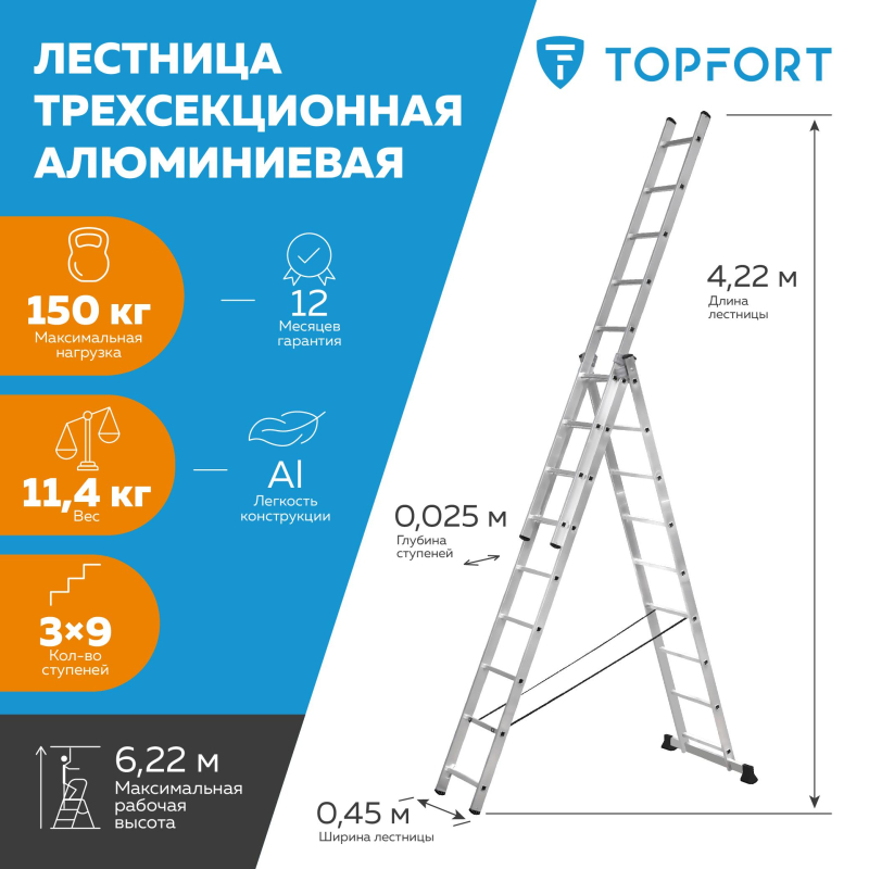Лестница трехсекционная алюминиевая 3х9 ступеней TOPFORT - фото 2