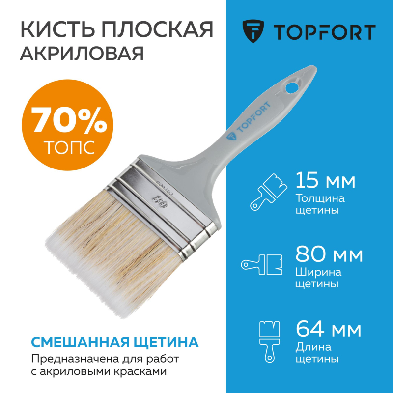 Кисть плоская акриловая TOPFORT 80x15 - фото 2